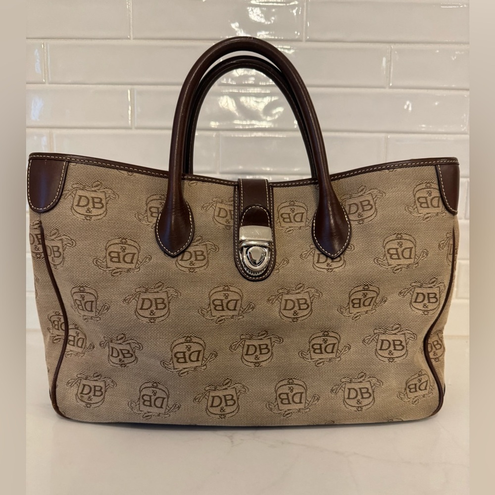 DOONEY & BOURKE Canvas Brown & Tan Leather DB Signature Tote Satchel Bag Purse - Picture 3 of 13